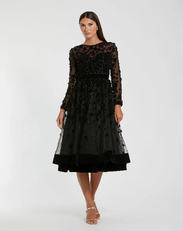 Black Embellished Illusion High Neck Long Sleeve Fit & Flare Dress