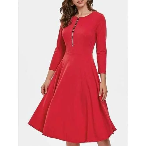 Three Quarter Sleeve Flowing Dress with Zipper - Red L