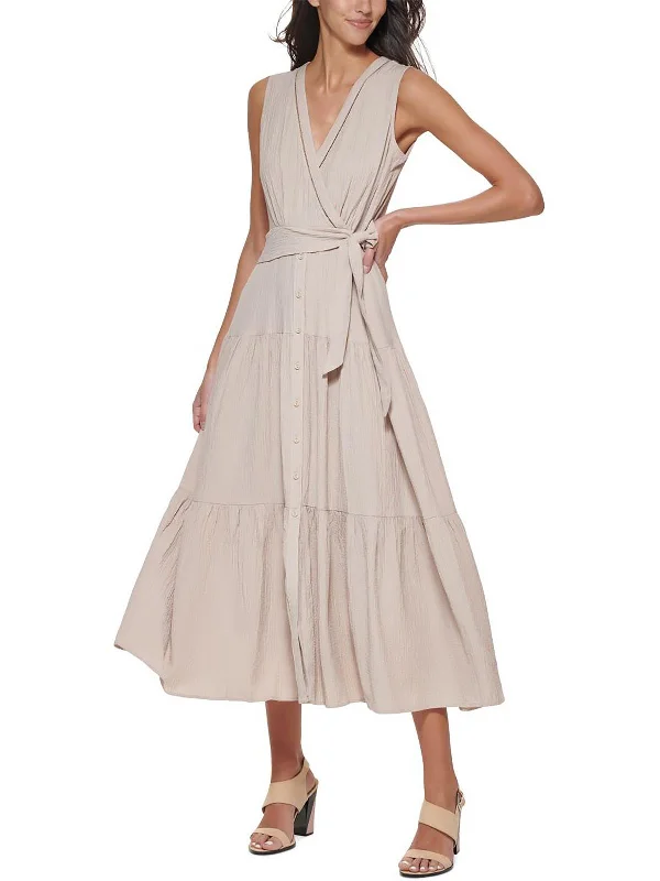 Womens Textured V Neck Midi Dress