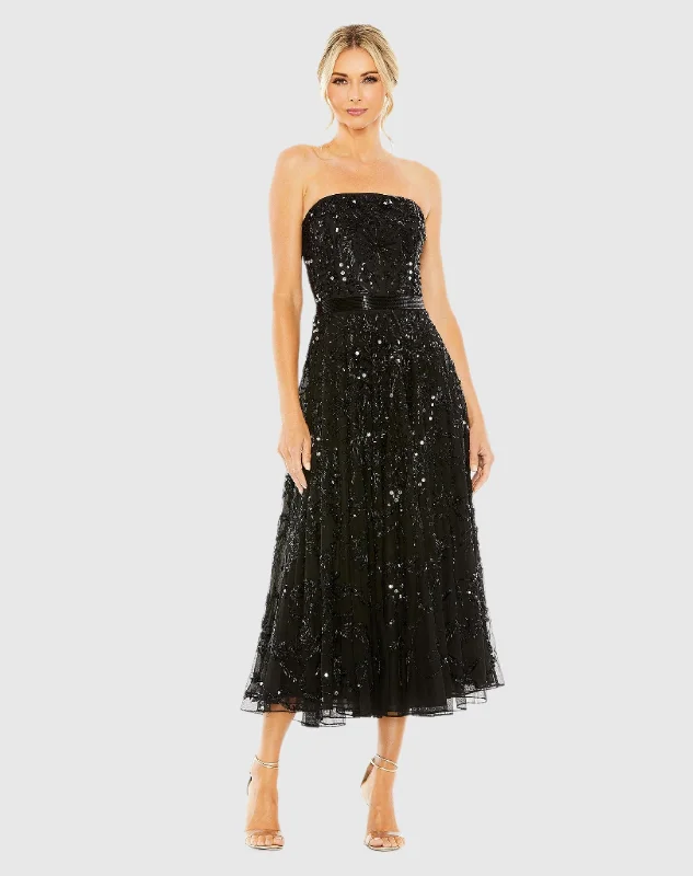 Black Strapless Embellished A Line Dress