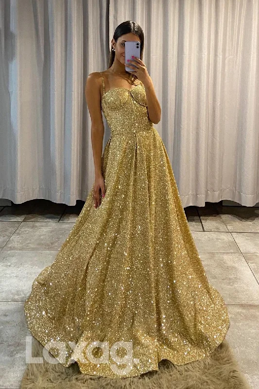 17784 - Spaghetti Straps Sweetheart Gold Sparkly Prom Dress with Pockets