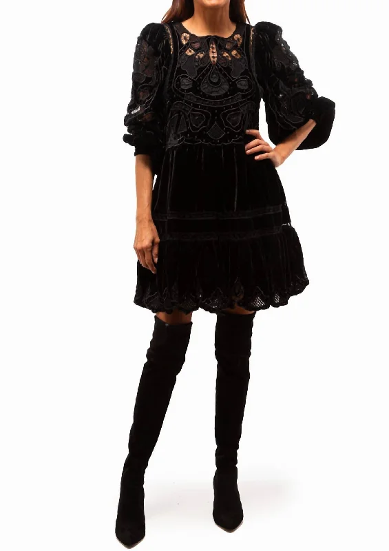 Eliana Embroidery Long Sleeve Dress In Black