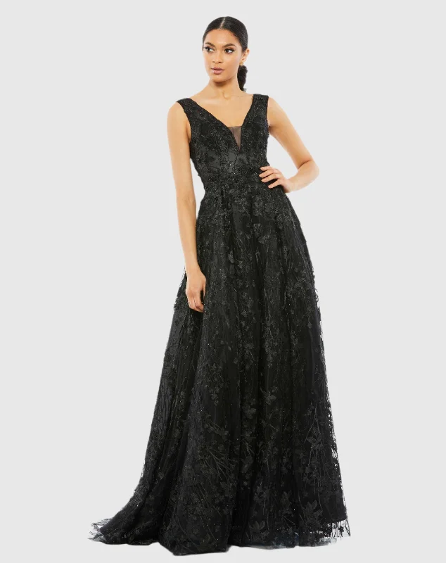 Black Floral Embroidered Illusion V-Neck Gown