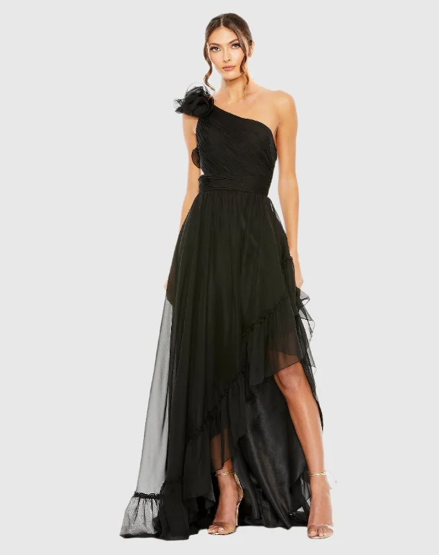 Black Ruffled One Shoulder Asymmetrical Gown