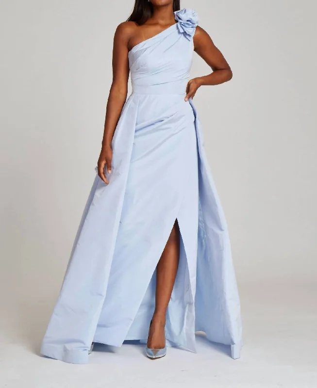 One Shoulder Gown With Overskirt & Rose Detail In Ice Blue