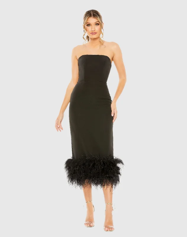 Black Strapless Column Dress with Feather Trim