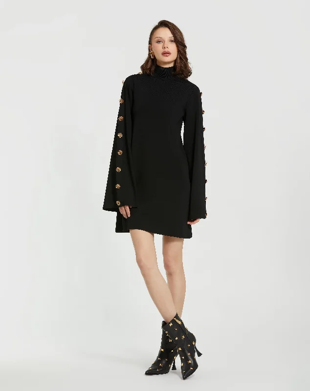 Black Long Sleeve Mini Knit Dress With Sleeve Detail