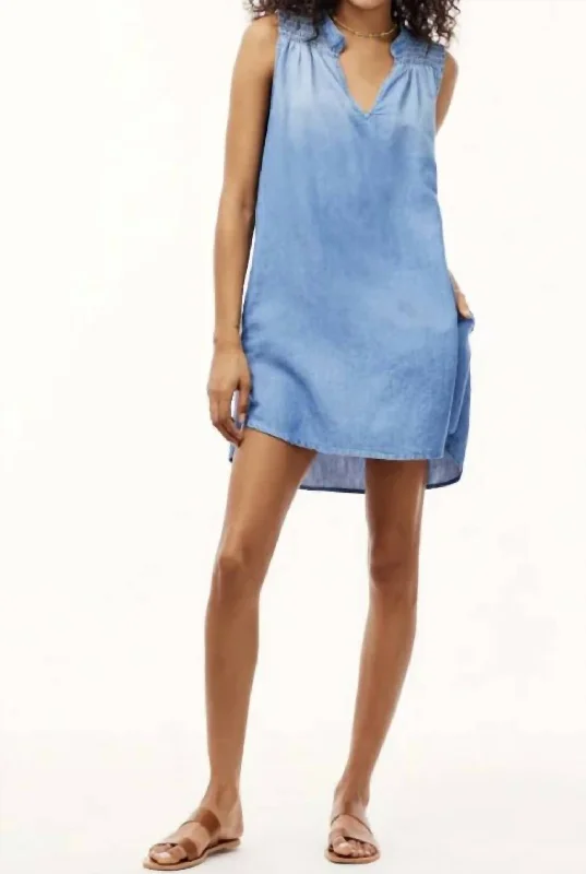 Smocked Yoke Mini Dress In Bermuda Wash