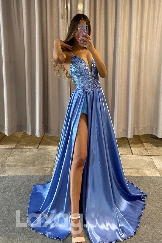 17789 - Plunging V-Neck Detachable Skirt Long Prom Dress with Slit