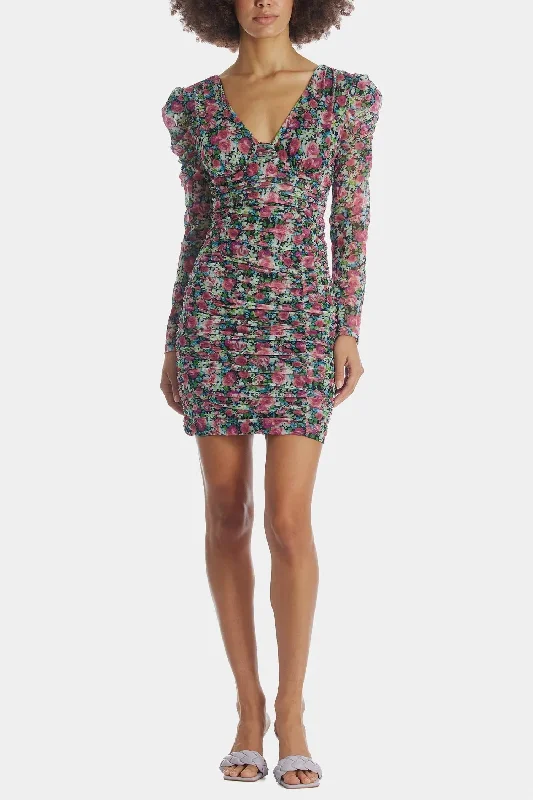 Bristol Floral Ruched Long Sleeve Mini Dress In Black Pink Floral