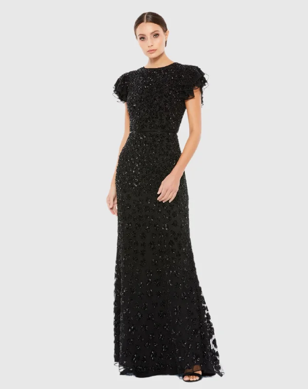 Black High Neck Flutter Cap Sleeve Gown