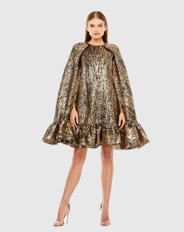 High Neck Cape Sleeve Metallic Trapeze Mini Dress - FINAL SALE