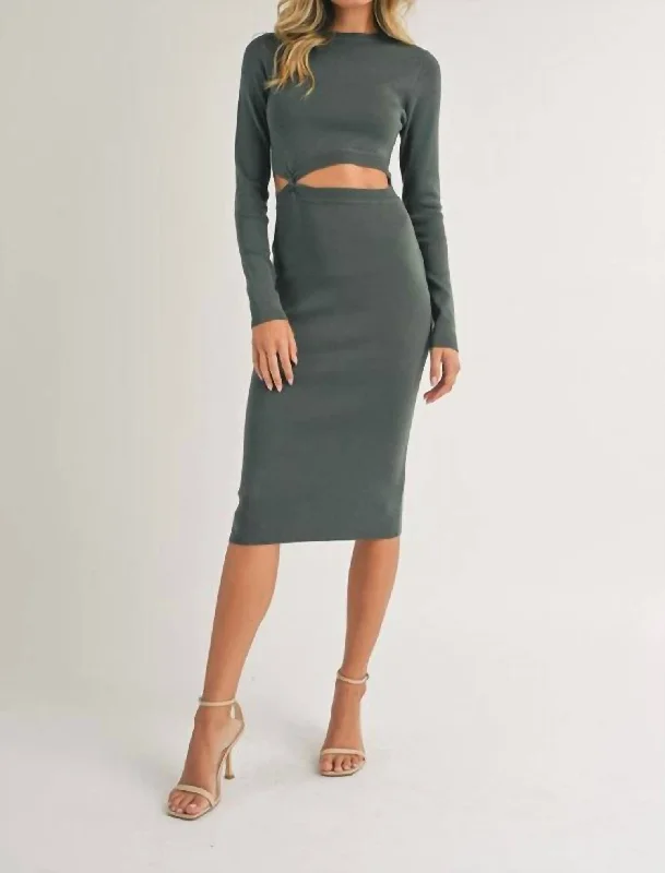 Twisted Front Midi Sweater Dress In Fade Olive