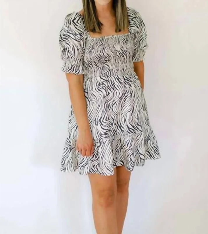 Satin Smocked Zebra Dress In Navy/ivory