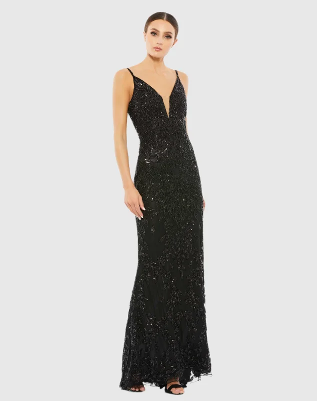 Black Embellished Leaf Evening Gown