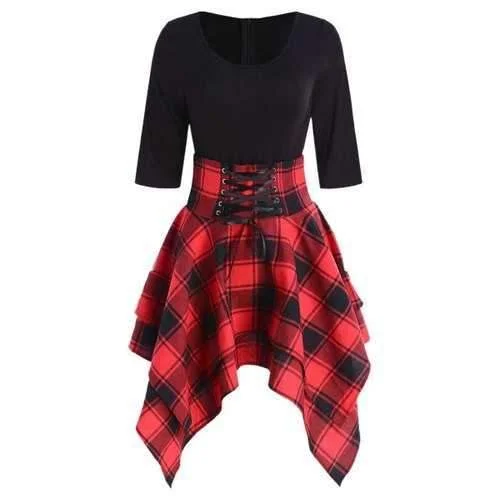 Lace Up Tartan Asymmetrical Dress - M