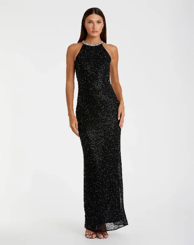 Black Beaded Sleeveless High Neck Column Gown