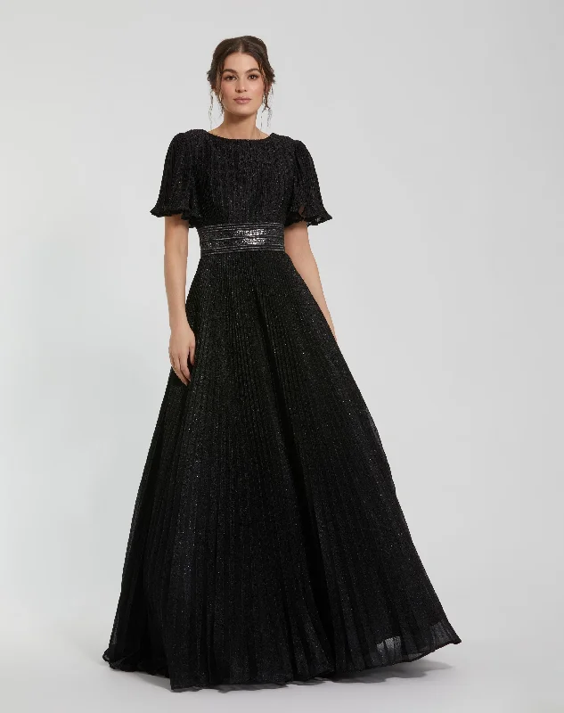 Black Pleated Shimmering Georgette Flutter Sleeve Gown