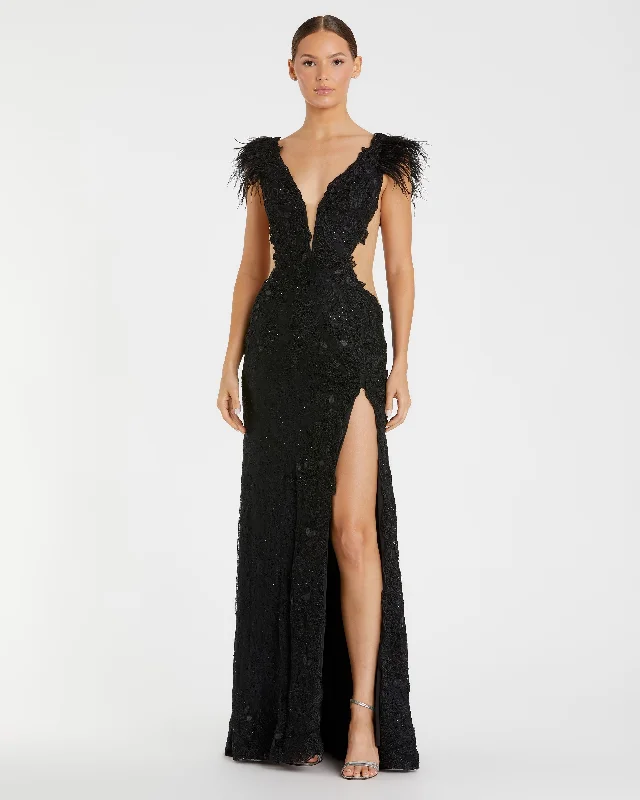 Feather Cap Sleeve Lace Gown