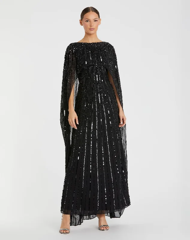 Black Embellished Beaded Column Cape Gown