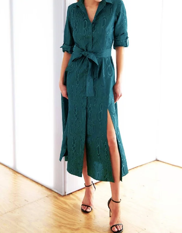 Laine Moire Jacquard Dress In Emerald