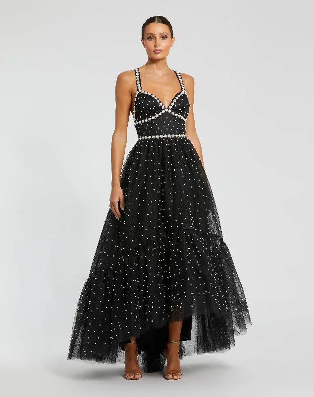 Black Pearl Beaded High Low Gown