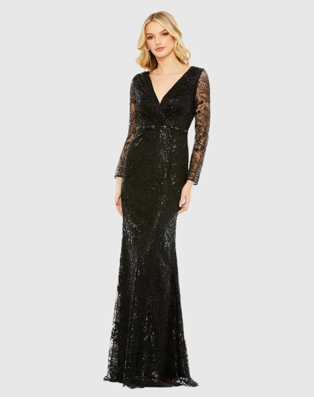 Black Embellished Wrap Over Long Sleeve Gown