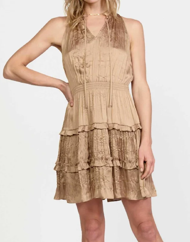 Sleeveless Split Neck Dress In Taupe