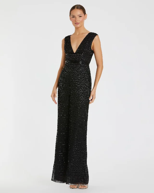 Black Beaded Cap Sleeve V Neck Column Gown