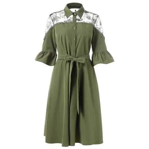 Flare Sleeve Lace Panel Belted Dress - Fern Green Xl