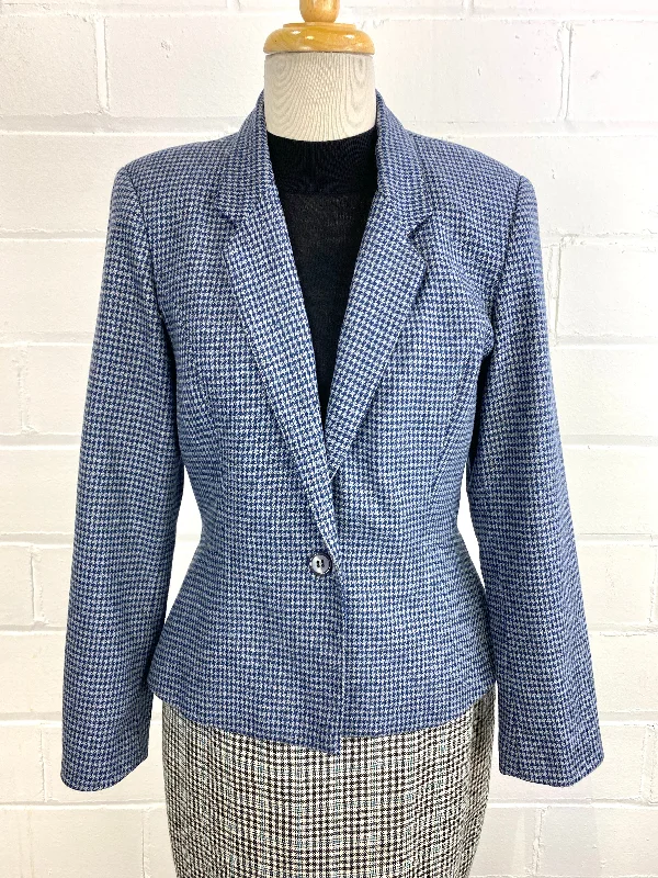 Vintage 1980s Blue Houndstooth Blazer, Small