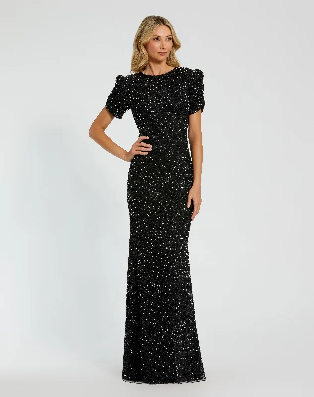 Black Gathered Short Sleeve Beaded Gown