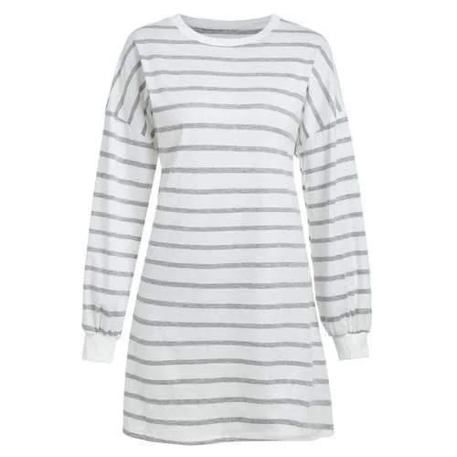 Striped Tee Dress with Drop Shoulder - White M