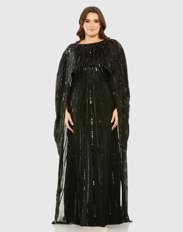 Black Embellished Column Cape Gown