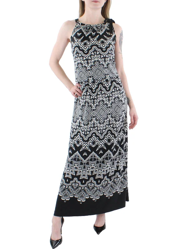 Petites Womens Printed Blouson Maxi Dress