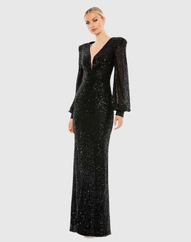 Black Sequined Plunge Neck Structured Bishop Sleeve Gown