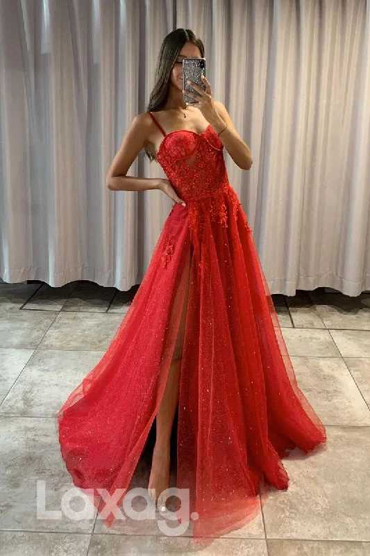 17780 - Women's Spaghetti Straps Lace Applique Long Prom Dress with Slit