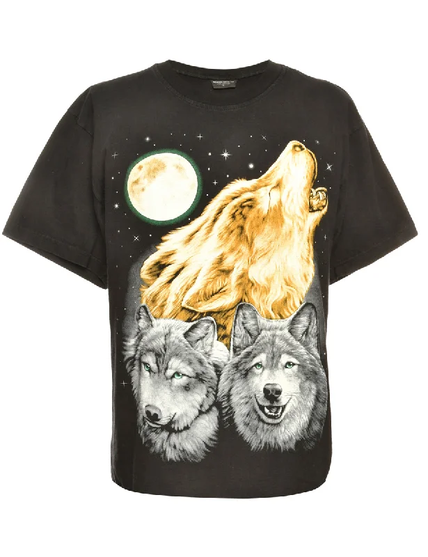 Wolf Print Black Animal T-shirt - L