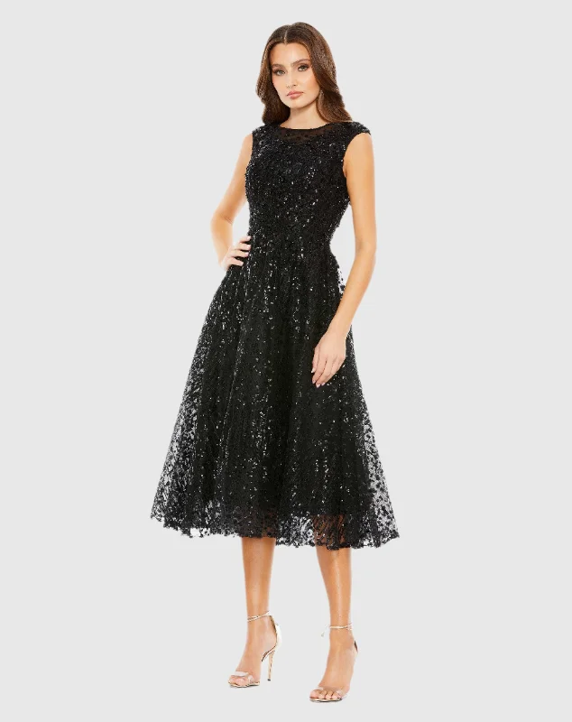 Sequined Cap Sleeve Fit and Flare Dress