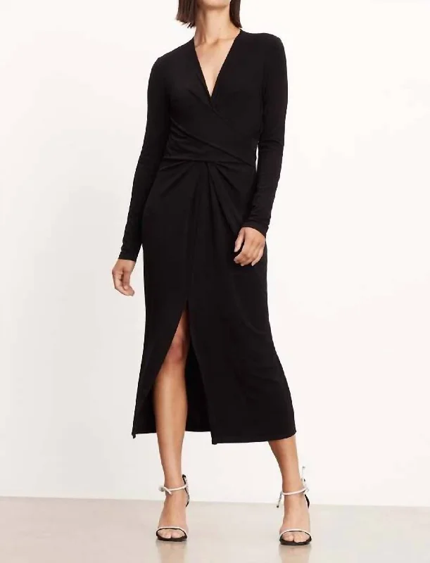 Eliana Long Sleeve Long Wrap Dress In Black