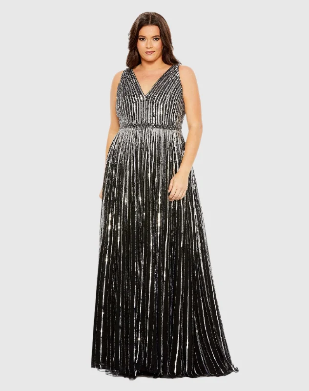 Black and Silver Sequined Striped Sleeveless V Neck A Line Gown (Plus)