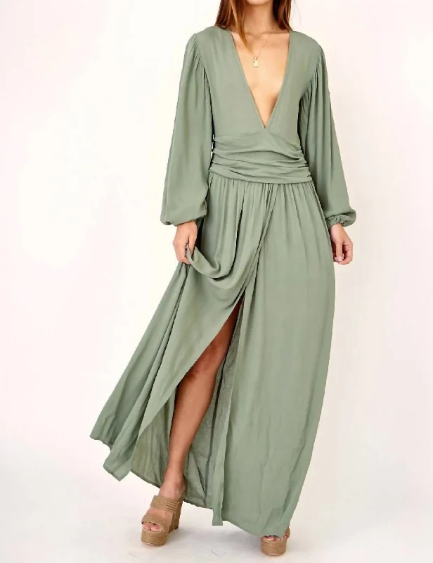 Plunge Neck Maxi Dress In Sage