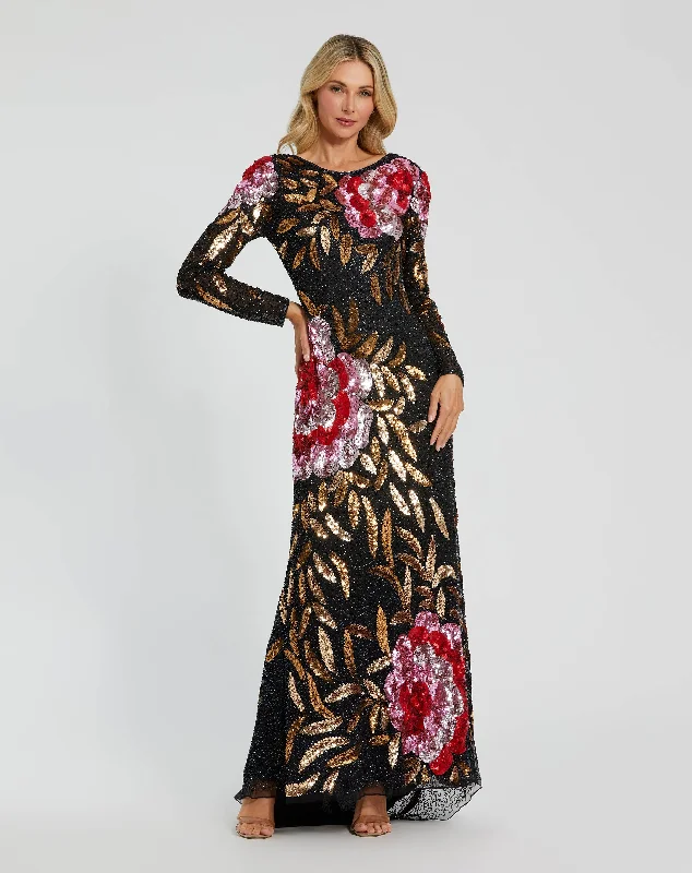 Embellished Floral Long Sleeve Gown