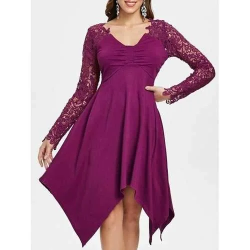 Lace Insert Empire Waist Dress - Dark Orchid L