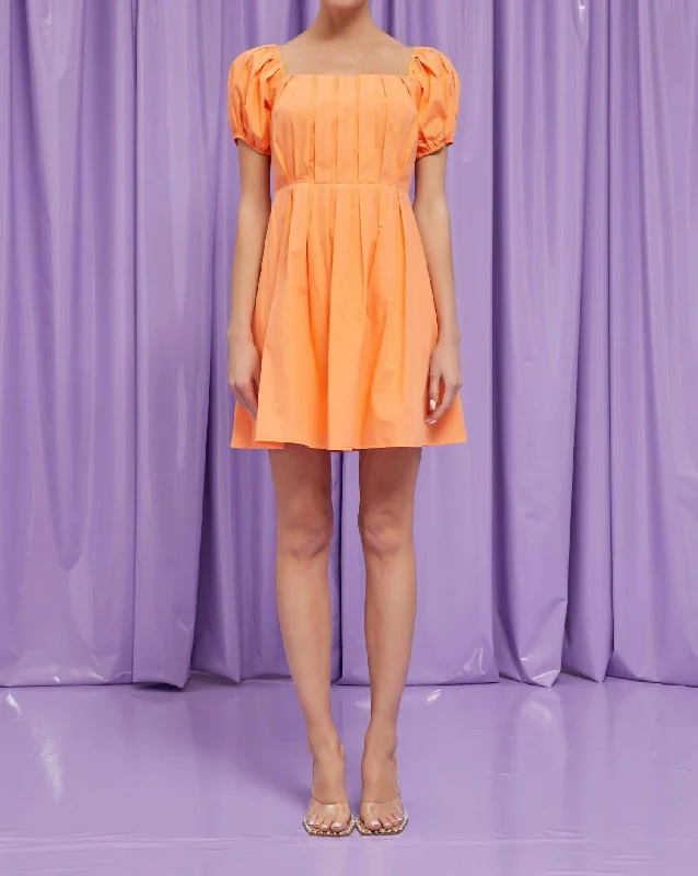 Front Pleat Puff Sleeve Mini Dress In Orange