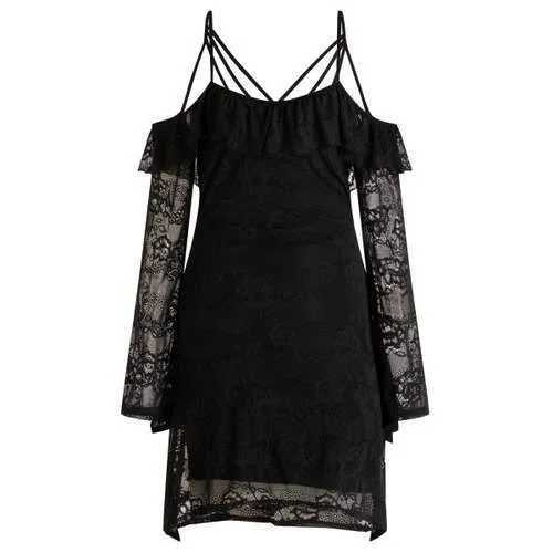 Strappy Cold Shoulder Lace Dress - Black 2xl