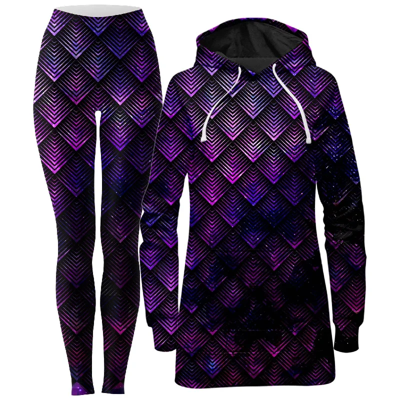 Galactic Dragon Scale Purple Hoodie Dress and Leggings Combo