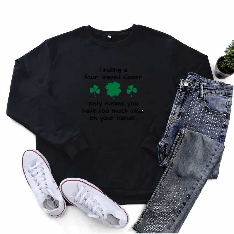 St.Patrick'S Day Fashion Women'S Long Sleeve Four Leaf Clover Letter Print Round Neck Sweatshirt