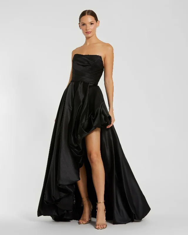 Black Strapless Ruched High Low Gown