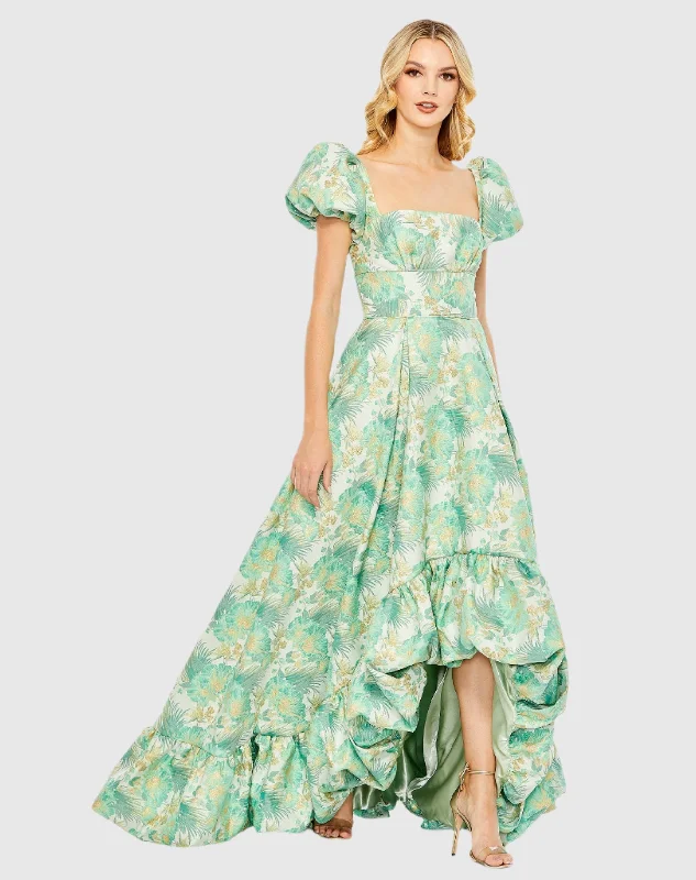 Green Floral Print Puff Sleeve High Low Brocade Gown